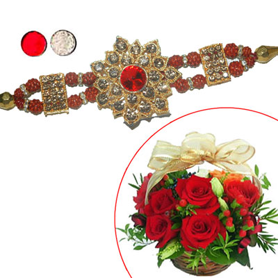 "Stone Studded Rakhi - SR-9300 A (Single Rakhi), 15 Red Roses flower Basket - Click here to View more details about this Product